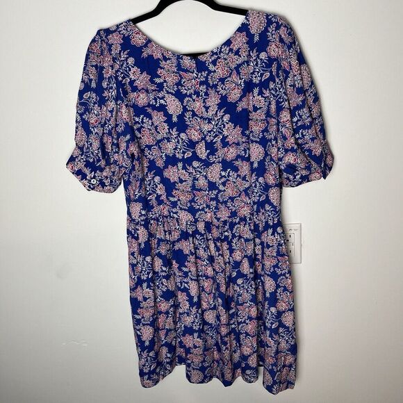 LOFT Dress Womens 12 Blue Floral Print Puff Sleeve Midi Scoop Neck​ - Picture 7 of 9